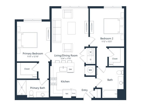 Floor plan for 2 beds, 2 baths, 1035 sqft